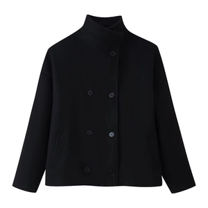 Detail view of black double-breasted short wool coat with stand collar and pockets