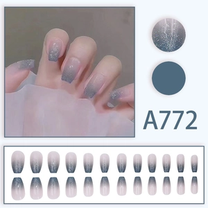 Grey-blue gradient glitter press-on nails in medium-long coffin shape with silver shimmer
