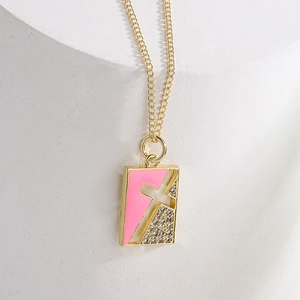Gold 18K plated square necklace with pink enamel and sparkling zircon cross pendant