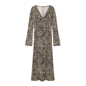 Luipaardprint Maxi-jurk Geplooid V-hals Lange Mouwen Hoge Taille Slim Fit Elegant Sexy Casual Jurk Voor Dames