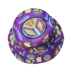Purple bucket hat with peace signs and cartoon monkey street art print for sun protection