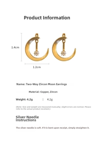 Detail view of gold moon zircon stud earrings showing 1.4cm dimensions and 4.2g weight