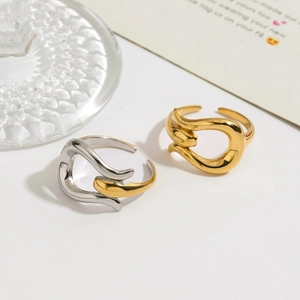 Minimalist interlocking two-tone 18K gold titanium steel open rings for women
