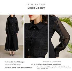 Detail of lapel collar and sheer lace embroidery on long sleeve black dress