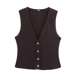 Women's brown V-neck knit vest with textured bubble gauze and marble buttons