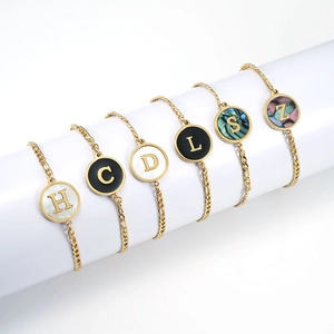 18K gold plated stainless steel shell letter charm bracelets with figaro chains for women