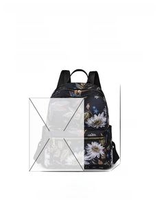 Floral print backpack size comparison guide with dimensions and technical specifications