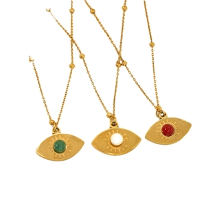 Polished gold evil eye necklaces with natural stones in green, white and red colors