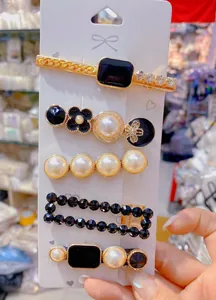 5-piece candy color alloy butterfly hair clip set with black gemstones and pearls