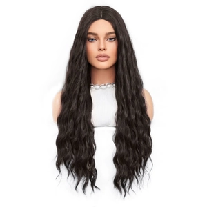 Long body wave black synthetic wig for women with middle part and natural wave style