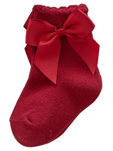 Red baby girls princess cotton socks featuring large bows and ruffled wave cuffs