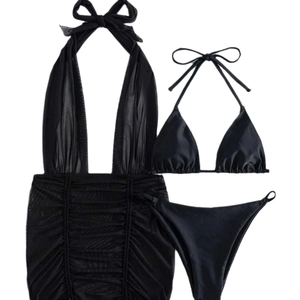 Three-piece black mesh swimsuit set with halter neck bikini and drawstring cover-up dress