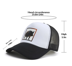 Detailed size chart of the trucker hat showing head circumference, brim, and height