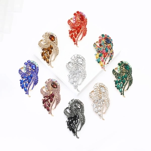 Vintage Feather Brooch Pin Alloy With Colorful Rhinestone Large Elegant Crystal Corsage For Women Clothing Accessories