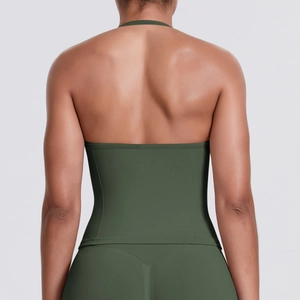 Detail showing the seamless olive green halter-neck back design of the sports vest