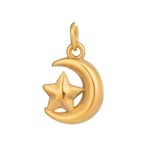 Detailed view of 18K gold plated stainless steel moon and star pendant charm