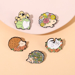 Cute Cartoon Animal Enamel Pin Brooch Alloy Hedgehog Frog Cat Mushroom Flower For Backpack Clothing Lapel Decoration