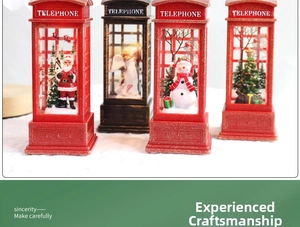 Classic red and bronze Christmas telephone booth lanterns with Santa and snowman figurines