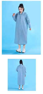 Front and back view of a light blue EVA long hooded raincoat with white button closure