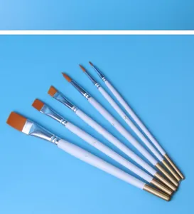 Set of 6 assorted nylon paint brushes with white handles for oil and watercolor painting