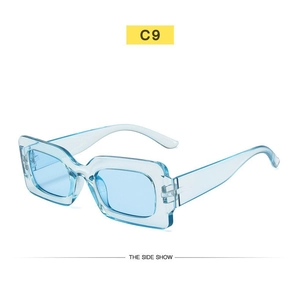 Side view of light blue transparent rectangular sunglasses frame with C9 color code detail