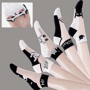 Transparent mesh crew socks with black and white cat pattern for summer breathability