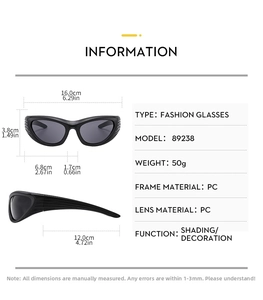 Size chart for Y2K oversized sports sunglasses showing frames and lens dimensions