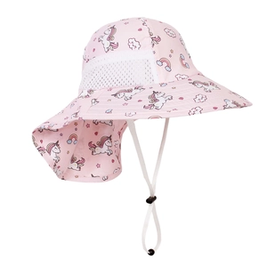 Pink kids sun hat with unicorn prints featuring a wide brim and protective neck flap