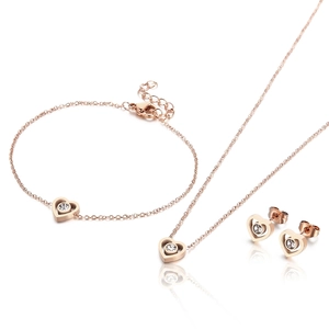 Heart Shape Hollow Stainless Steel Necklace Bracelet Earrings With Zircon Inlaid For Women Elegant Romantic Jewelry