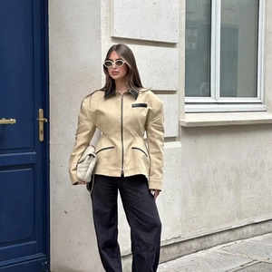 Fashionable beige waisted jacket with black leather splicing and zipper closure