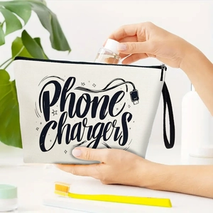 Canvas Makeup Bag Travel Organizer Pouch Phone Chargers Letter Print Portable Digital Accessory Case With Wristlet Strap