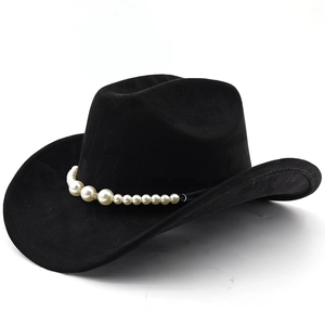Detailed view of black wide-brim cowboy hat featuring a gradient pearl hatband decoration