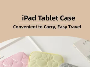 Detailed view of heart quilted iPad cases in pink, yellow, and grey pastel colors