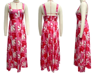 Detailed views of floral print maxi dress featuring spaghetti straps and fitted waist