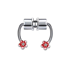 Close-up of magnetic stainless steel septum ring with red flower and clear zircon detail