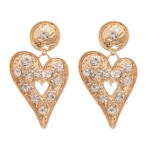 Hammered gold heart earrings with rhinestone inlay in a minimalist geometric style
