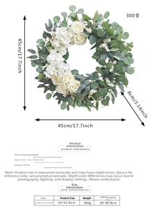 Detailed size specifications for the 45cm eucalyptus rose wreath with dimensions and weight