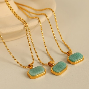 Amazonite Pendant Necklace Gold Plated Stainless Steel Green Natural Stone Rectangular Bead Chain Retro Jewelry For Women