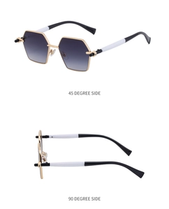 Detail view showing 45 and 90 degree angles of polygon metal sunglasses with gradient lenses