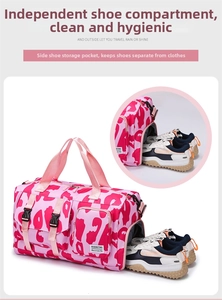 Pink sports bag detail showing the independent shoe compartment for gym and travel