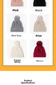 Detail view of winter knit beanie set featuring six classic colors and large faux fur pom-poms