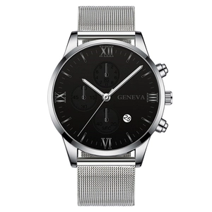 Fashionable men's silver stainless steel watch with black dial and Milanese mesh band