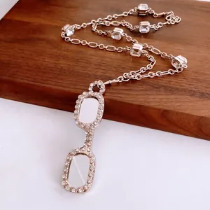 Alloy Cubic Zirconia Eyeglasses Pendant Necklace Long Sweater Chain Niche Fashion Retro Jewelry For Women