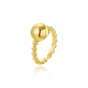 Detailed close-up of polished 18k gold-plated beaded ring with a large spherical center bead