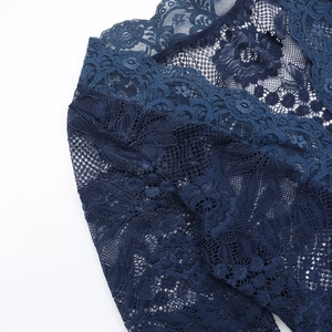 Macro close-up showing the intricate dark blue lace pattern and mesh texture of the top