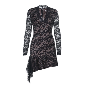 Sexy black lace long sleeve dress with deep V-neck and asymmetrical hemline detail
