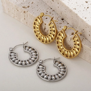 Hollow Leaf Texture Hoop Earrings Stainless Steel Wheat Grain Pattern C Shaped Jewelry For Women