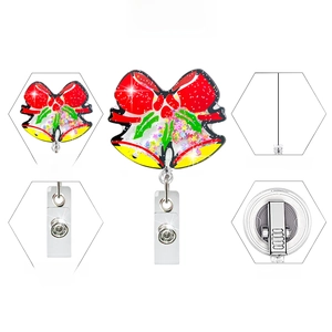 Christmas bell retractable badge reel with crystal glass surface and reinforced strap