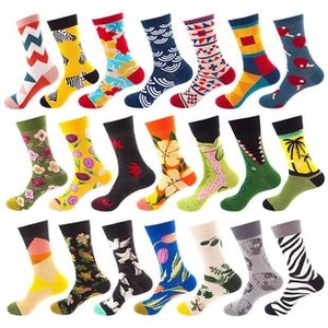 Detailed grid view of assorted crew socks featuring diverse creative pattern prints