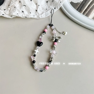 Pink and black beaded bear phone strap with heart charm and silver butterfly elements